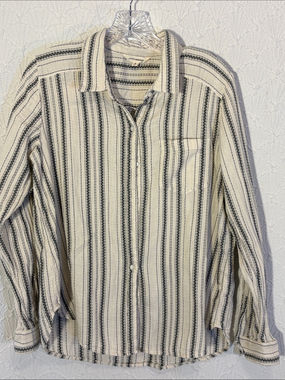 Lucky Brand Cream and Gray Cotton-Linen Striped Button-Down Shirt